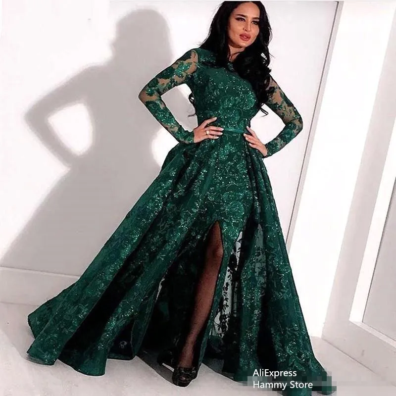 Arabic Emerald Green Lace Long Evening Dresses 2020 Long Sleeves Split Sweep Train Formal Prom Party Dresses
Arabic Emerald Green Lace Long Evening Dresses 2020 Long Sleeves Split Sweep Train Formal Prom Party Dresses