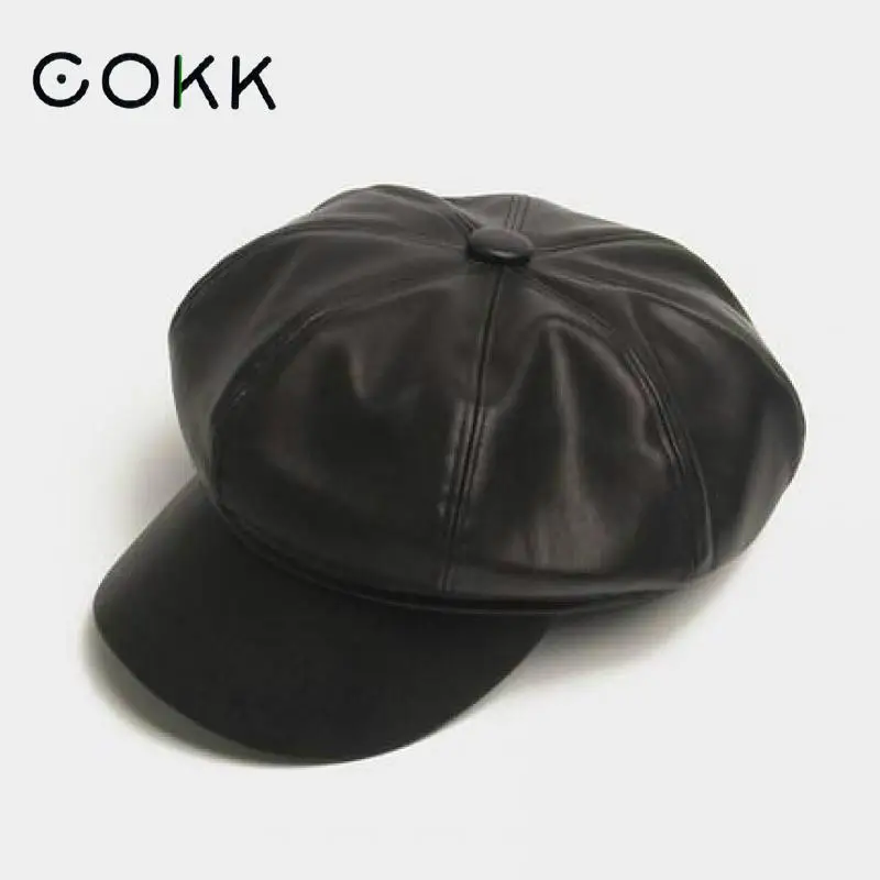 

COKK Leather Cap Hat Women Autumn Winter Newsboy Cap Beret Femme Hats For Women Black Ladies Fashion Vintage Hats Gorros Beret
