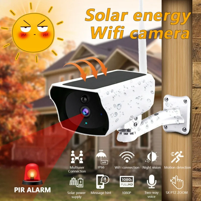 Wireless Solar Outdoor WiFi IP Camera 1080P HD Security Surveillance IR Night Vision Audio PIR Alarm CCTV Waterproof Camera
Wireless Solar Outdoor WiFi IP Camera 1080P HD Security Surveillance IR Night Vision Audio PIR Alarm CCTV Waterproof Camera