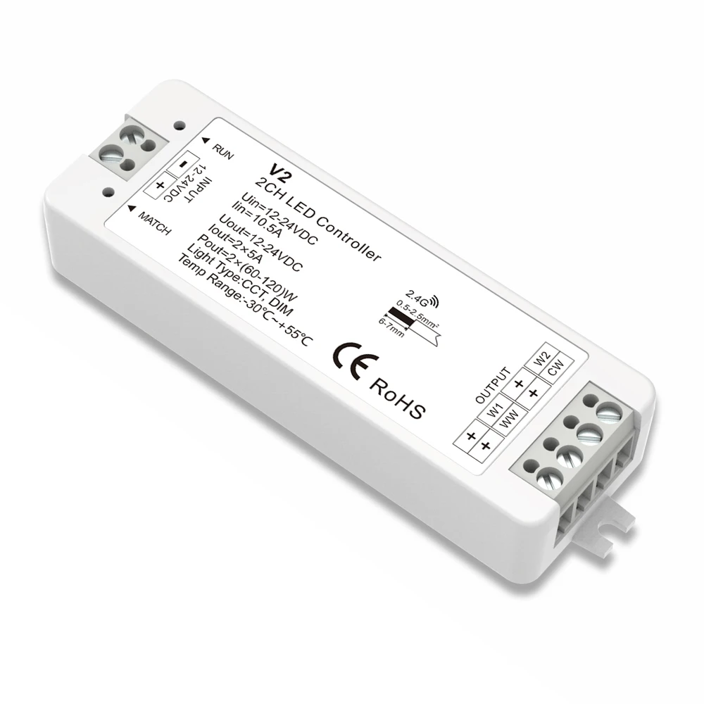 Max 240W 2.4GHz LED wireless Receiver led controller for control dual color temperature CCT lights strip 2CH 5A/CH DC 12V 24V
Max 240W 2.4GHz LED wireless Receiver led controller for control dual color temperature CCT lights strip 2CH 5A/CH DC 12V 24V
