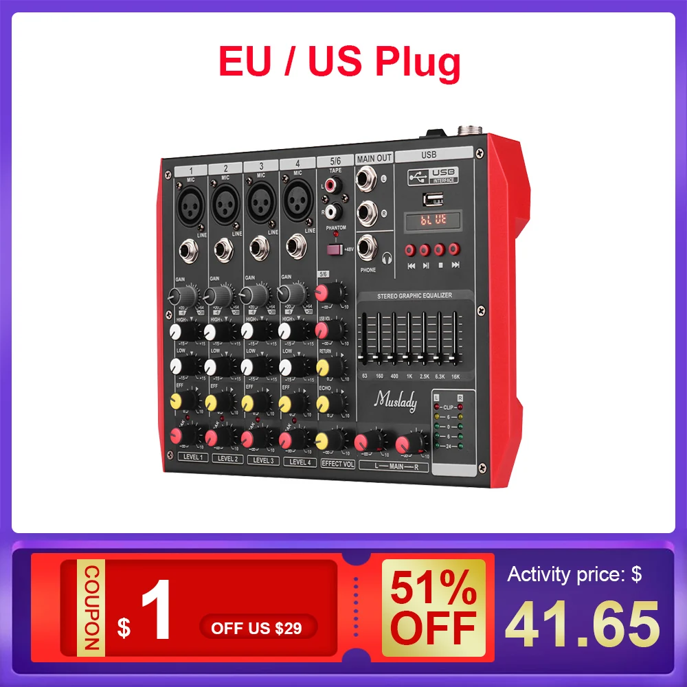 Muslady Portable 6-Channel Mixing Console Mixer audio 7-band EQ Built-in 48V Phantom Power Supports BT Connection USB MP3 Player
Muslady Portable 6-Channel Mixing Console Mixer audio 7-band EQ Built-in 48V Phantom Power Supports BT Connection USB MP3 Player