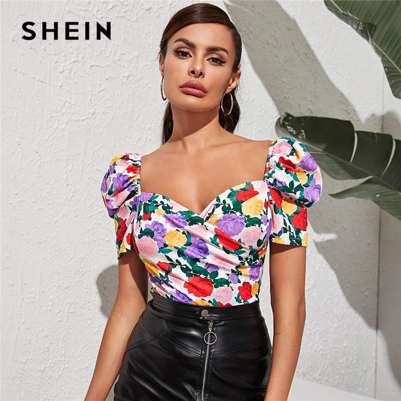 SHEIN многоцветная милая блузка с пышными рукавами Цветочный Топ летняя Элегантная