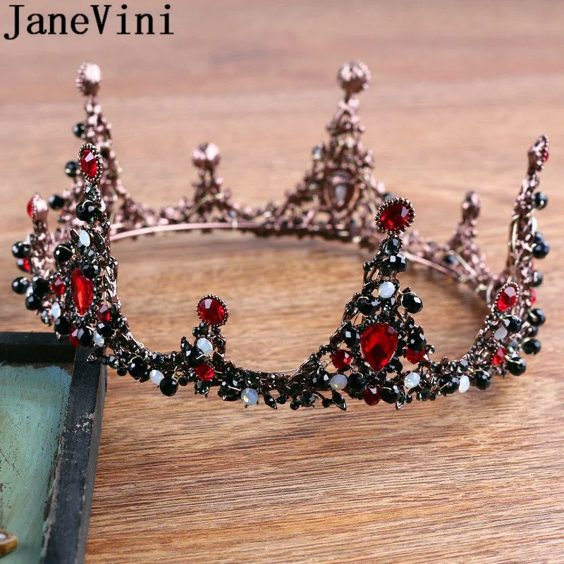 

JaneVini Baroque Vintage Round Wedding Crown Red Crystal Bridal Head Jewelry Beaded Tiaras Headpieces Hairband Hair Accessories