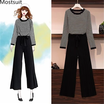 2019 Autumn Knitted Two Piece Sets Women Plus Size Striped Tops And Wide Leg Pants Suits Vintage Elegant Casual Sets Black 
2019 Autumn Knitted Two Piece Sets Women Plus Size Striped Tops And Wide Leg Pants Suits Vintage Elegant Casual Sets Black