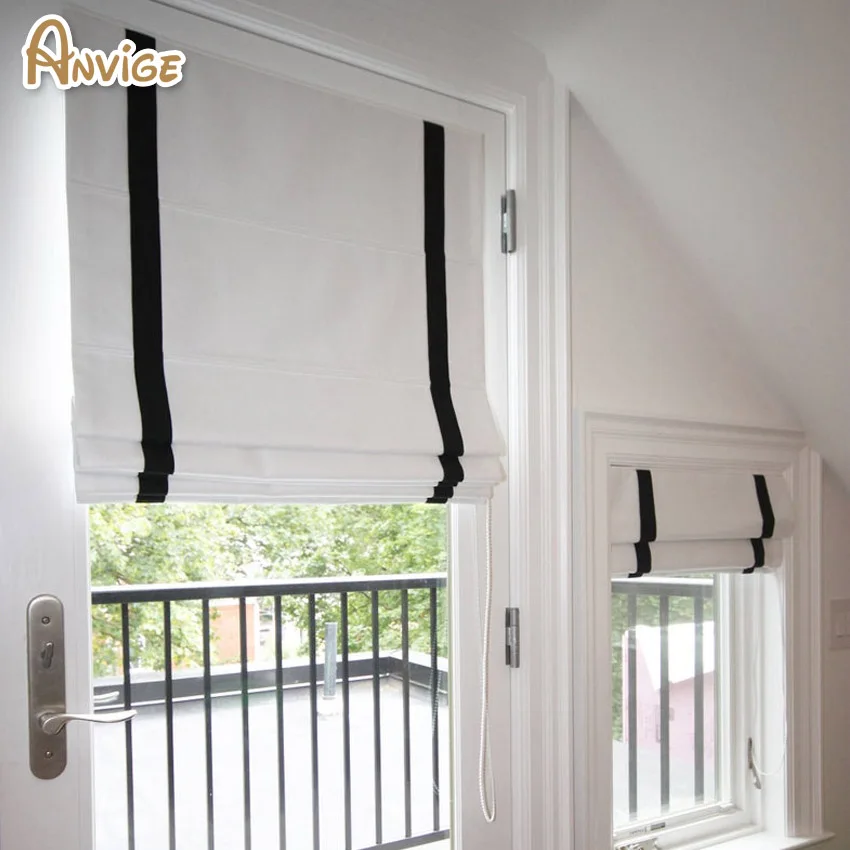 

Modern Motorized White With Black Trims Flat Roman Shades Customized Roman Blinds With Installation Included