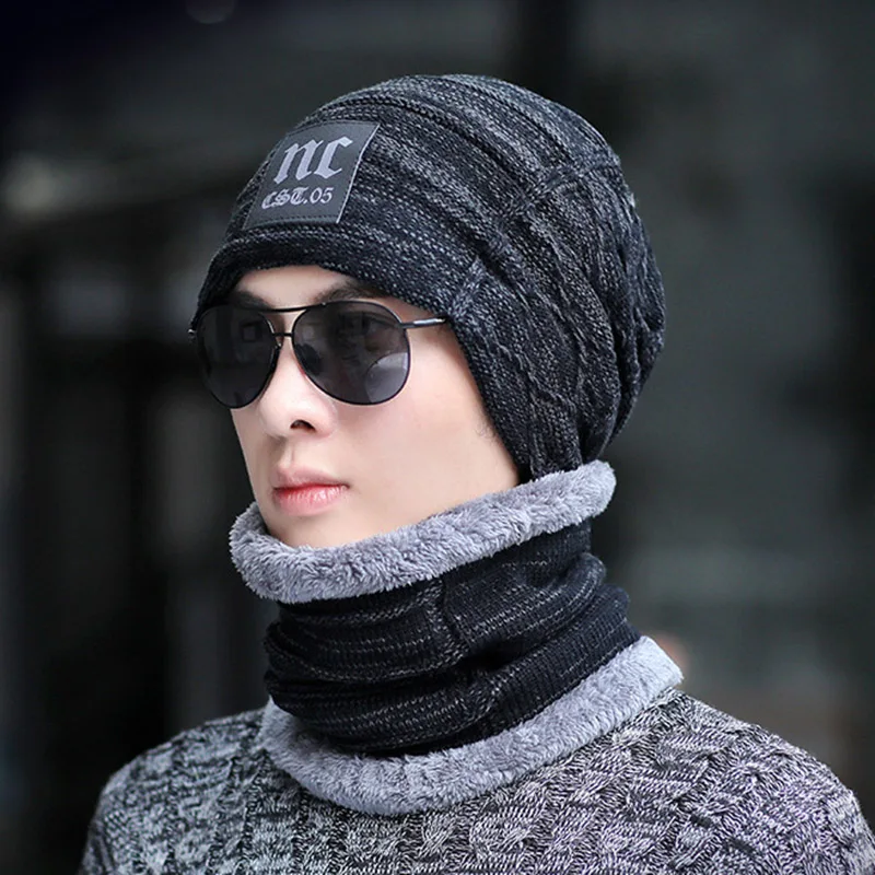 

Neck warmer knitted hat scarf set fur Wool Lining Thick Warm Knit beanies balaclava Winter Hat For men women Cap Skullies bonnet