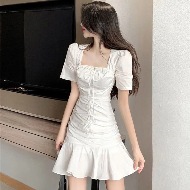 

Summer Short Sleeve Sexy Club Dress French Style Fairy Lacing Ruffled Square Collar Slim Empire Waist Flounce Trumpet Wrap Dress