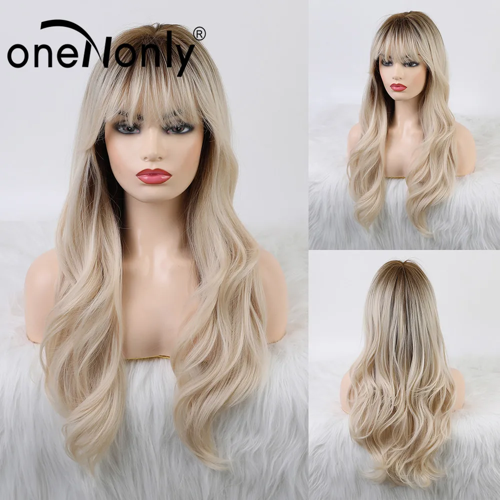 

oneNonly Synthetic Wigs Ombre Blonde Natural Wave with Bangs Wigs for White Black Women Glueless Heat Resistant Natural Hair Wig