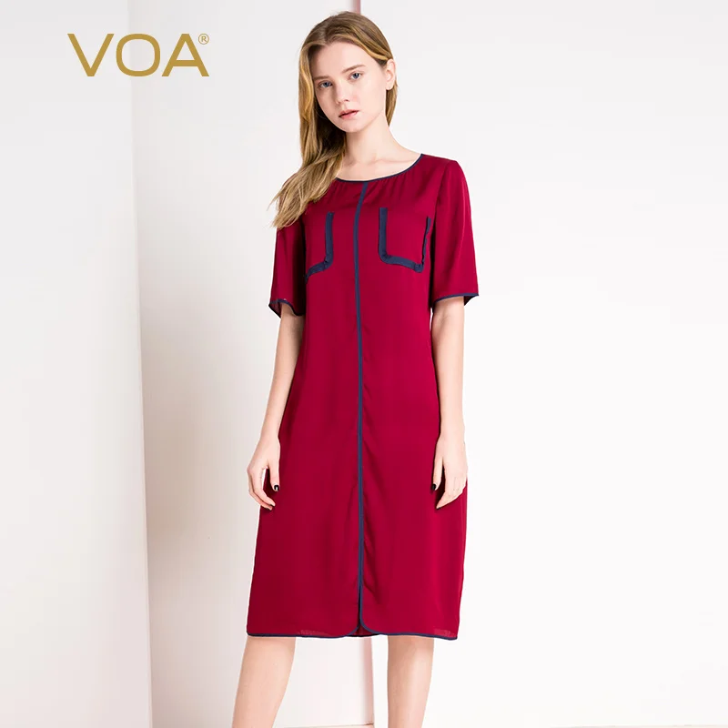 VOA xia red round-neck half-sleeve shirt selvage applique joint casual mid-length silk short-sleeve dress AJ776 
VOA xia red round-neck half-sleeve shirt selvage applique joint casual mid-length silk short-sleeve dress AJ776