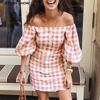 2020 French White Plaid Slash Shoulder Short Dress Pink Retro Women Single-breasted Button Off Shoulder Half Sleeve Mini Dresses
2020 French White Plaid Slash Shoulder Short Dress Pink Retro Women Single-breasted Button Off Shoulder Half Sleeve Mini Dresses