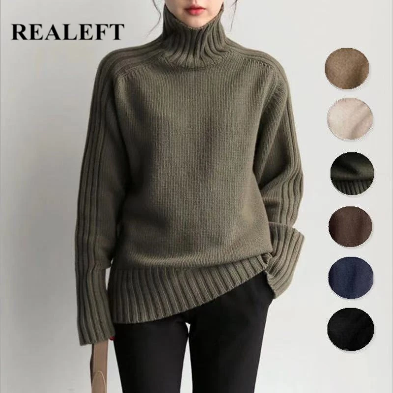 REALEFT Elegant Autumn Winter Oversized Women Sweater New Solid Loose Turtleneck Knitted Sweaters Long Sleeve Pullover Female | Женская