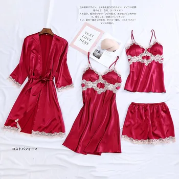 4pcs Women Sexy Pajamas Burgundy Spring And Autumn Thin Sling Chest Pad Pajamas Suit Bathrobes Ladies Summer Pajamas
4pcs Women Sexy Pajamas Burgundy Spring And Autumn Thin Sling Chest Pad Pajamas Suit Bathrobes Ladies Summer Pajamas