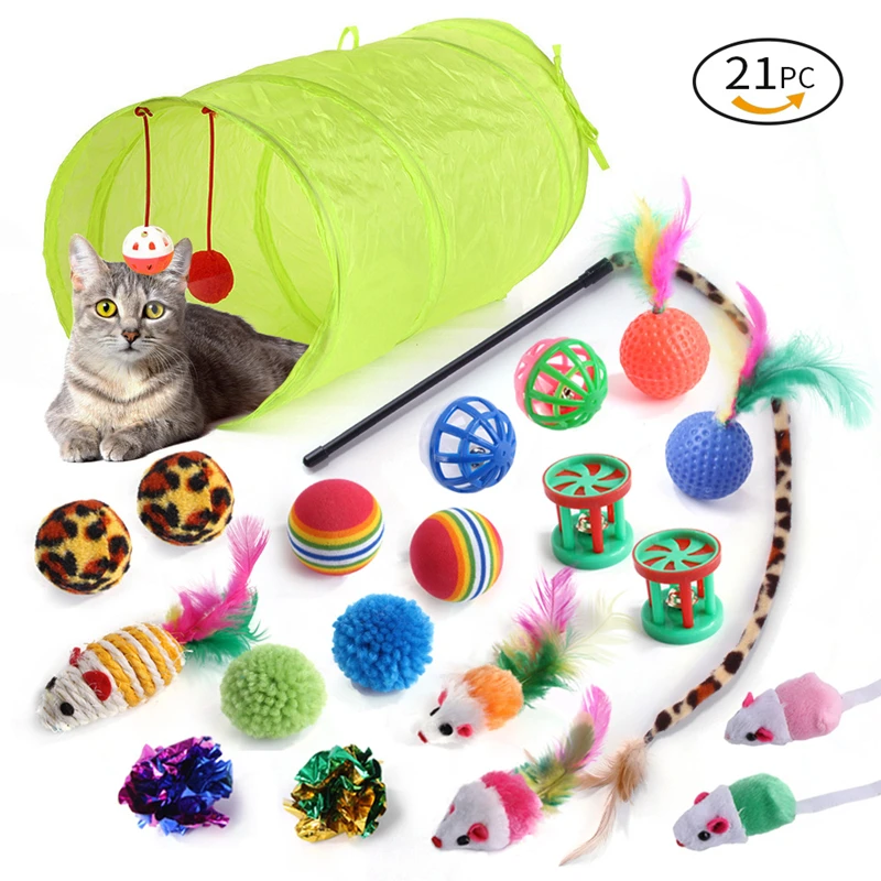 

21 Pcs Cat Toy Interactive Kit Collapsible Tunnel Indoor Kitten Teaser Wand Mice & Ball Pet Teeth Clean Fun Channel Feather Ball