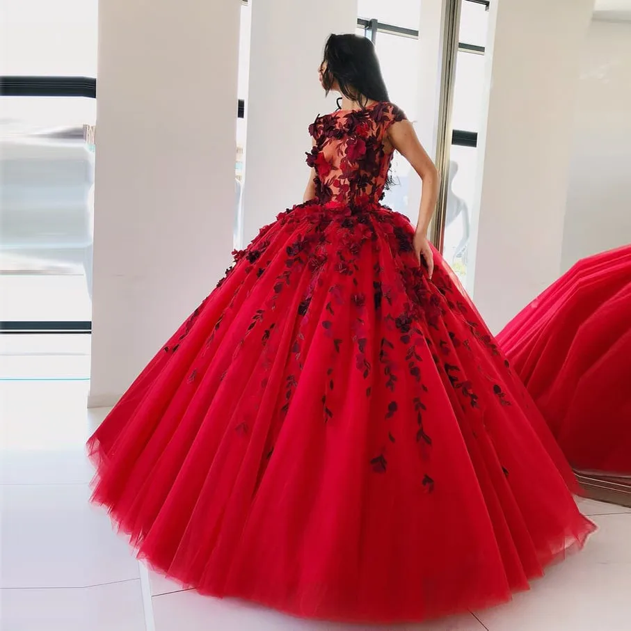 

Elegant 2024 Red 3D Flower Tutu Evening Dresses Puffy Lush Tulle Long Prom Gowns Pretty Party Dress Vestidos De Festa