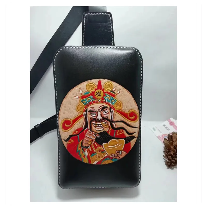 

Handmade Genuine Leather Handbag Men Vegetable Tanned Leather Shoulder Bag Cowhide Hand-carved The God Of Wealth Chest Bags