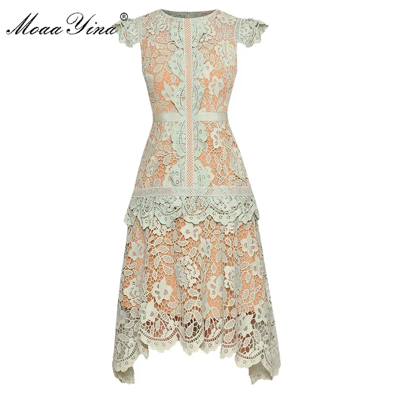 Женское асимметричное платье MoaaYina дизайнерское кружевное с коротким рукавом и