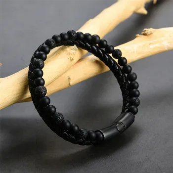 Accessories Natural Stone Leather Double Row Bracelet Magnetic Buckle Men'S Bangle Beaded Layering Black 22Cm Simple
Accessories Natural Stone Leather Double Row Bracelet Magnetic Buckle Men'S Bangle Beaded Layering Black 22Cm Simple