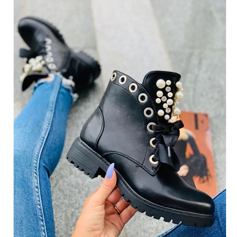 Siddons Black Leather Women's Boots Round Toe Platform Lace Up Pearls Studs Designer Shoes Woman Ankle Boots Fashion Knight Boot
Siddons Black Leather Women's Boots Round Toe Platform Lace Up Pearls Studs Designer Shoes Woman Ankle Boots Fashion Knight Boot