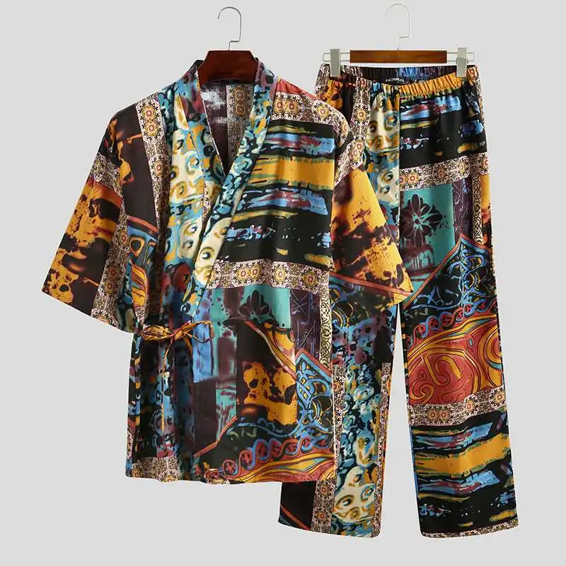 Men's Pajamas Sets Kimono Printed Cotton Half Sleeve V Neck Lace Up Sleepwear Pants Japanese Leisure Men Nightwear Suit INCERUN Men's Pajamas Sets Kimono Printed Cotton Half Sleeve V Neck Lace Up Sleepwear Pants Japanese Leisure Men Nightwear Suit INCERUN