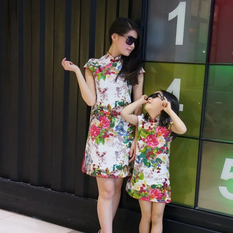 

Family Matching Outfits Mother Daughter Dresses children national wind cheongsam Baby Improved Hanfu Cotton Linen Dress