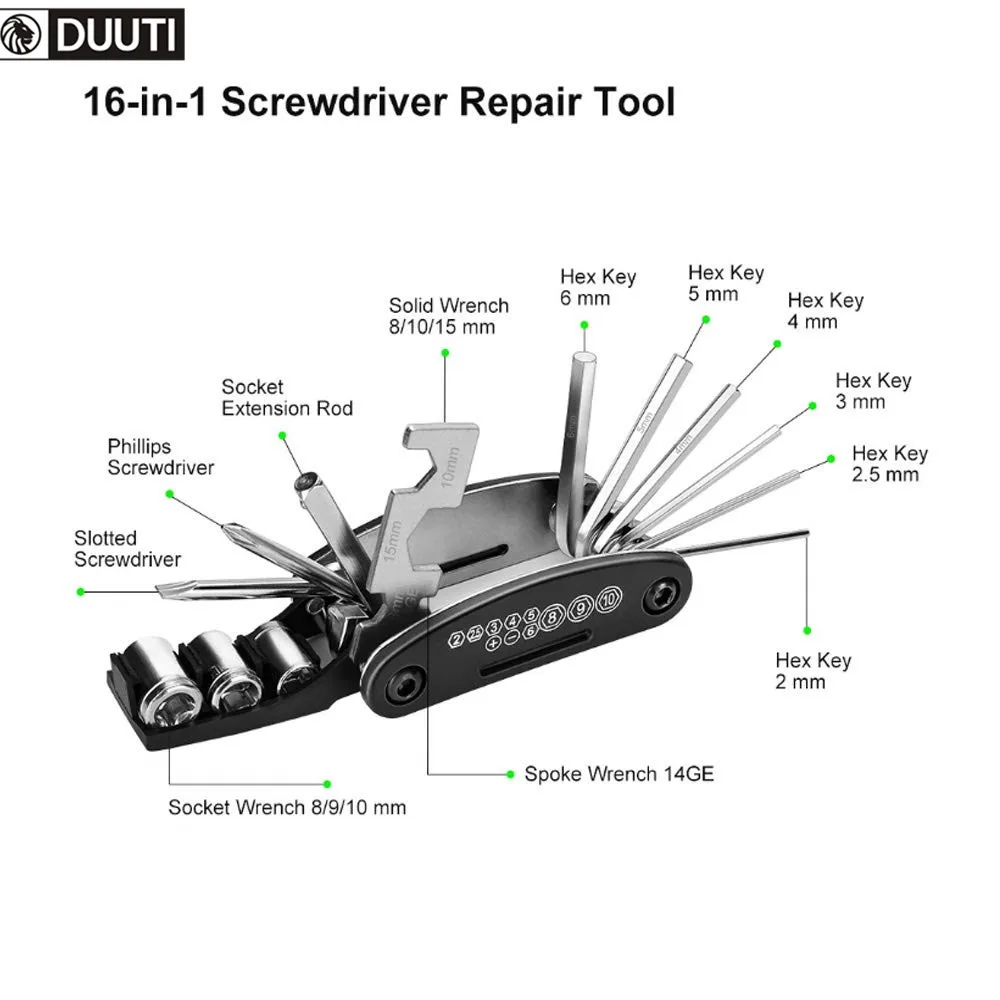 16 in 1 Bicycle multifunction Repair tool kit multitool tire Repair Tool Set with screwdriver Chain Rivet Extractor for Bike D40
16 in 1 Bicycle multifunction Repair tool kit multitool tire Repair Tool Set with screwdriver Chain Rivet Extractor for Bike D40