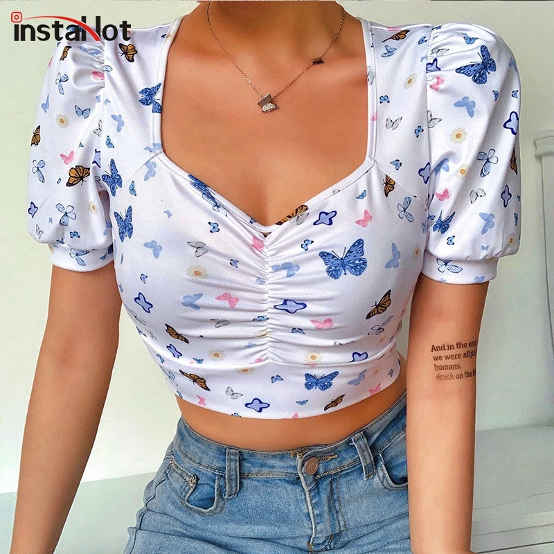 InstaHot Knot Front Puff Sleeve T shirt Butterfly Printed Short Sleeve Summer Women t shirt Slim Casual Vintage Cropped Tee Top
InstaHot Knot Front Puff Sleeve T shirt Butterfly Printed Short Sleeve Summer Women t shirt Slim Casual Vintage Cropped Tee Top
