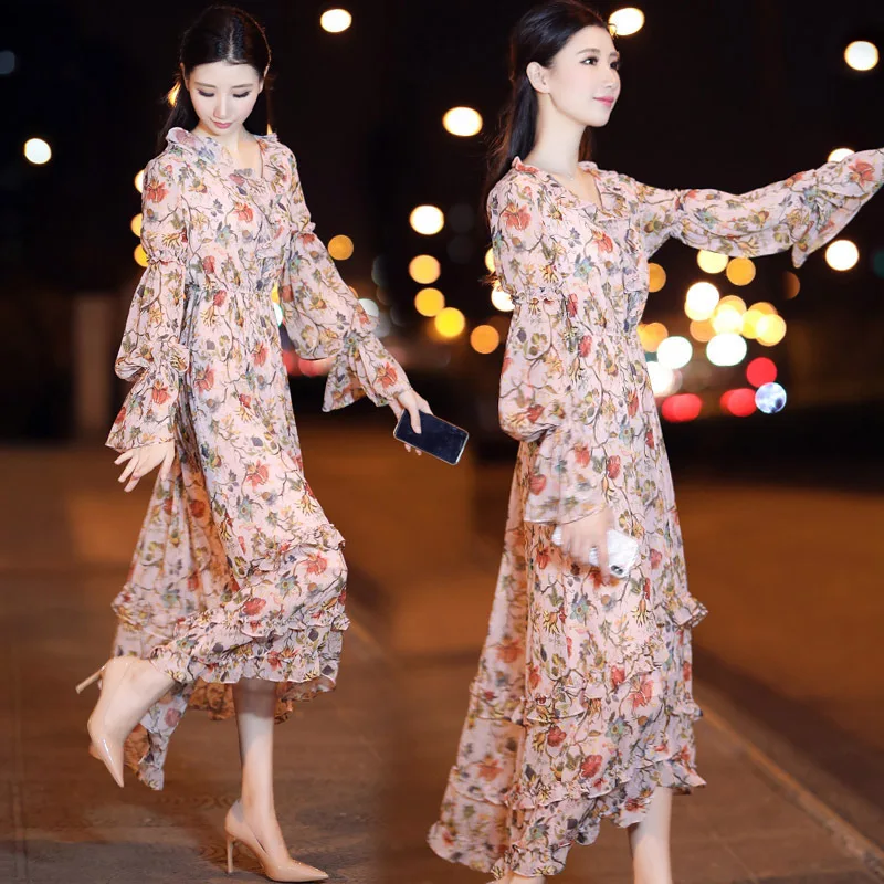 2019 New Style Early Spring Clothing Long Sleeve Elegant V-neck Chiffon over-the-Knee Dress Waist Hugging Slimming Floral Dress
2019 New Style Early Spring Clothing Long Sleeve Elegant V-neck Chiffon over-the-Knee Dress Waist Hugging Slimming Floral Dress