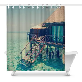 Panorama of Tropical Island Resort with Water Bungalows at Night Waterproof Polyester Fabric Shower Curtain Bathroom Sets with 
Panorama of Tropical Island Resort with Water Bungalows at Night Waterproof Polyester Fabric Shower Curtain Bathroom Sets with