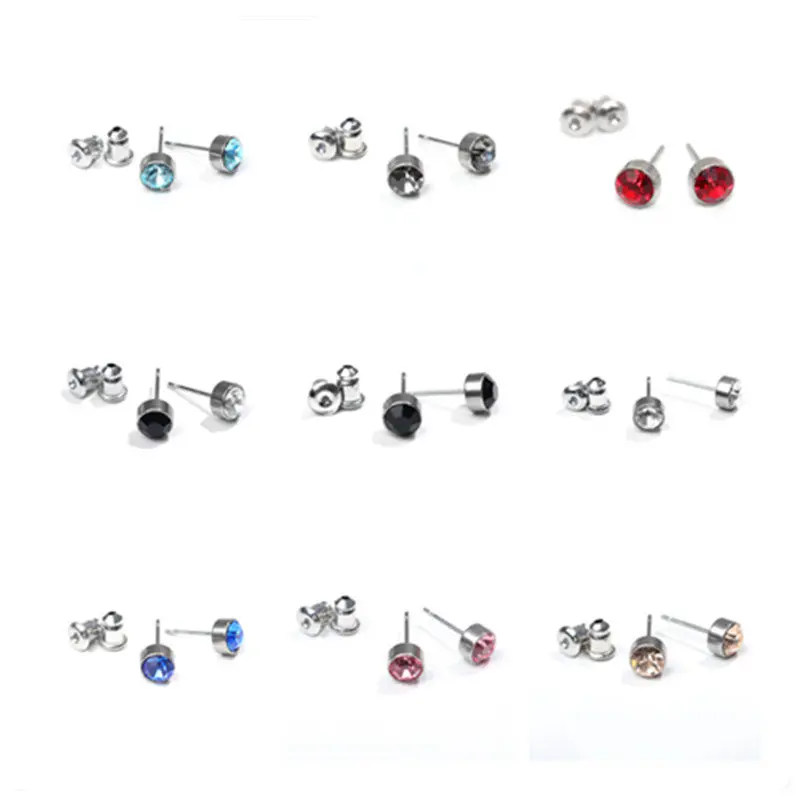 

2 Pairs Fashion Stainless Steel Ear Post Stud Earrings Multicolor Round With Rhinestone For Women Girls Jewelry Gift 6mm Dia.