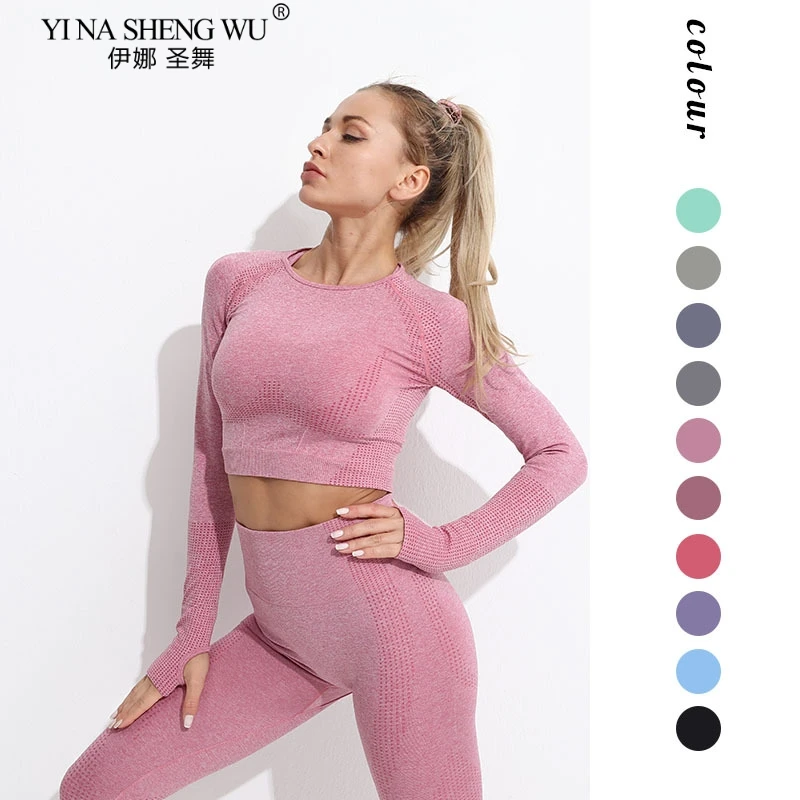 

Women 2pcs Seamless Yoga Set Sport Suit Gymwear Workout Clothes Long Sleeve Gym Crop Top High Waist Leggings Fitness SportsWear