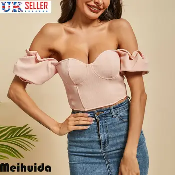 

2019 Brand New Style Fashion Women Off Shoulder Bardot Crop Tops Sexy Ladies Summer Ruffle Frill Solid T Shirt