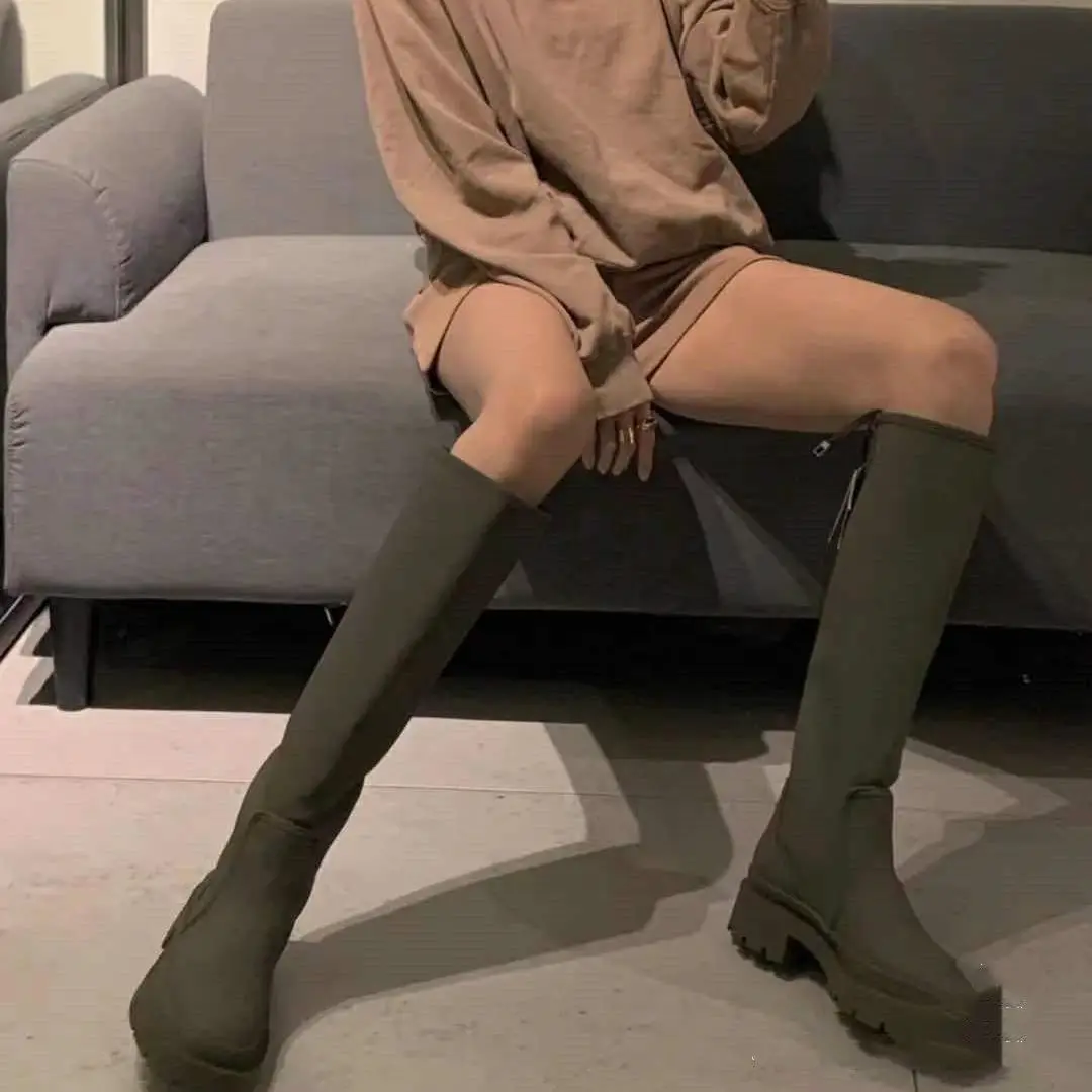 

2022 New Round Toe Platform Women Knee High Boots Slip on Casual Chunky Heel Women Long Boots Luxury Brand Designer Winter Shoes