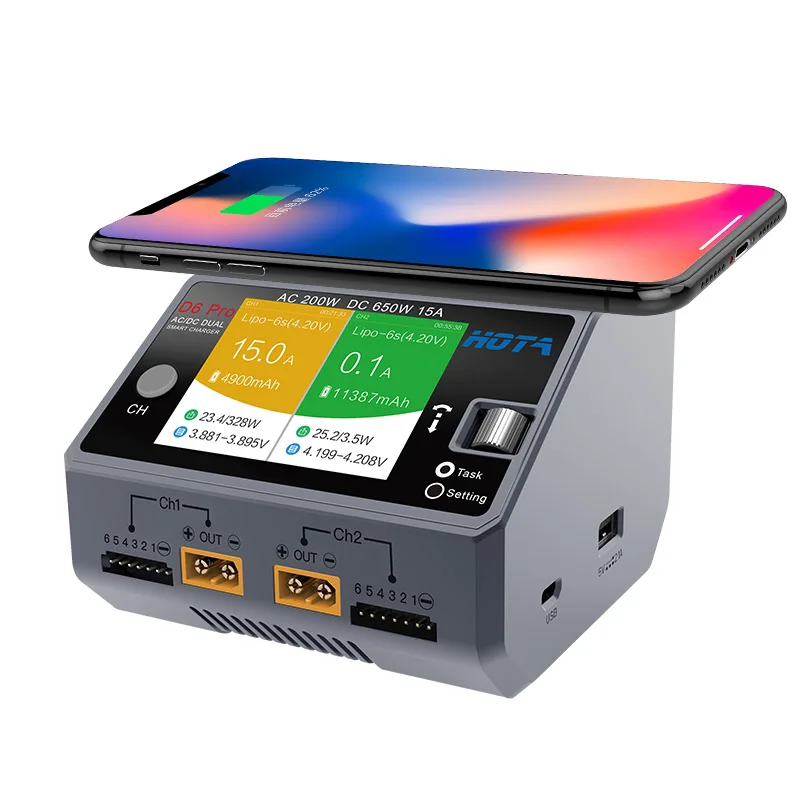 HOTA D6 Dual/Pro Smart Charger AC200W DC650W 15A for Lipo LiIon NiMH Battery with iPhone Samsung Wireless Charging
HOTA D6 Dual/Pro Smart Charger AC200W DC650W 15A for Lipo LiIon NiMH Battery with iPhone Samsung Wireless Charging