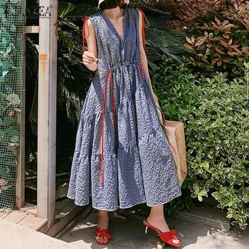 ZANZEA 2020 Summer Cotton Linen Sleeveless Long Maxi Dress Women Vintage Plaid Ruffles Sundress Casual Drawstring Long Vestidos
ZANZEA 2020 Summer Cotton Linen Sleeveless Long Maxi Dress Women Vintage Plaid Ruffles Sundress Casual Drawstring Long Vestidos