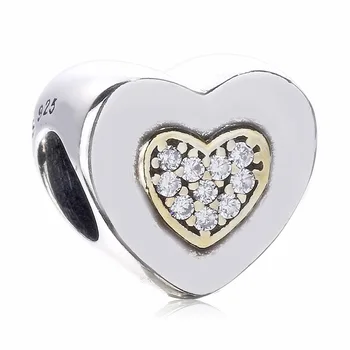 New 925 Sterling Silver Bead Charm Gold Color Two-Tone Signature Heart With Crystal Charm Fit Bracelet DIY Jewelry 
New 925 Sterling Silver Bead Charm Gold Color Two-Tone Signature Heart With Crystal Charm Fit Bracelet DIY Jewelry
