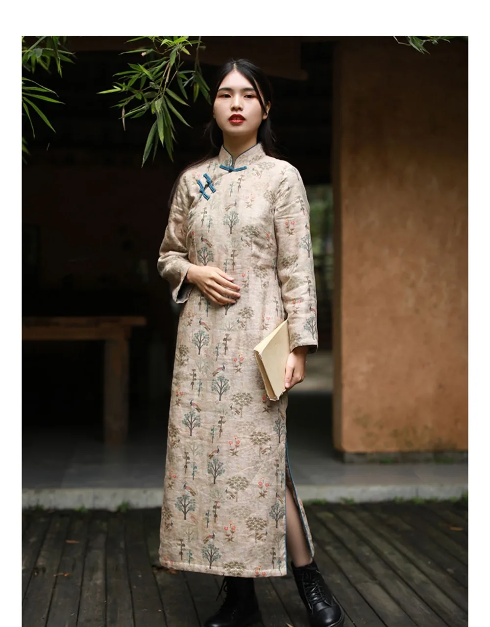 LZJN Long Sleeve Women Chinese Style Dress Stand Collar Vintage Cheongsam 2019 Winter Warm Fleece Qipao High Quality Dress (18)