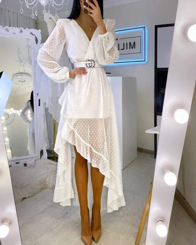 2020 Autumn New Women Lantern Sleeve Dress Swiss Dot Lace V-Neck Splice Ladies Asymmetrical Hem Elegant Party Designer Dresses
2020 Autumn New Women Lantern Sleeve Dress Swiss Dot Lace V-Neck Splice Ladies Asymmetrical Hem Elegant Party Designer Dresses