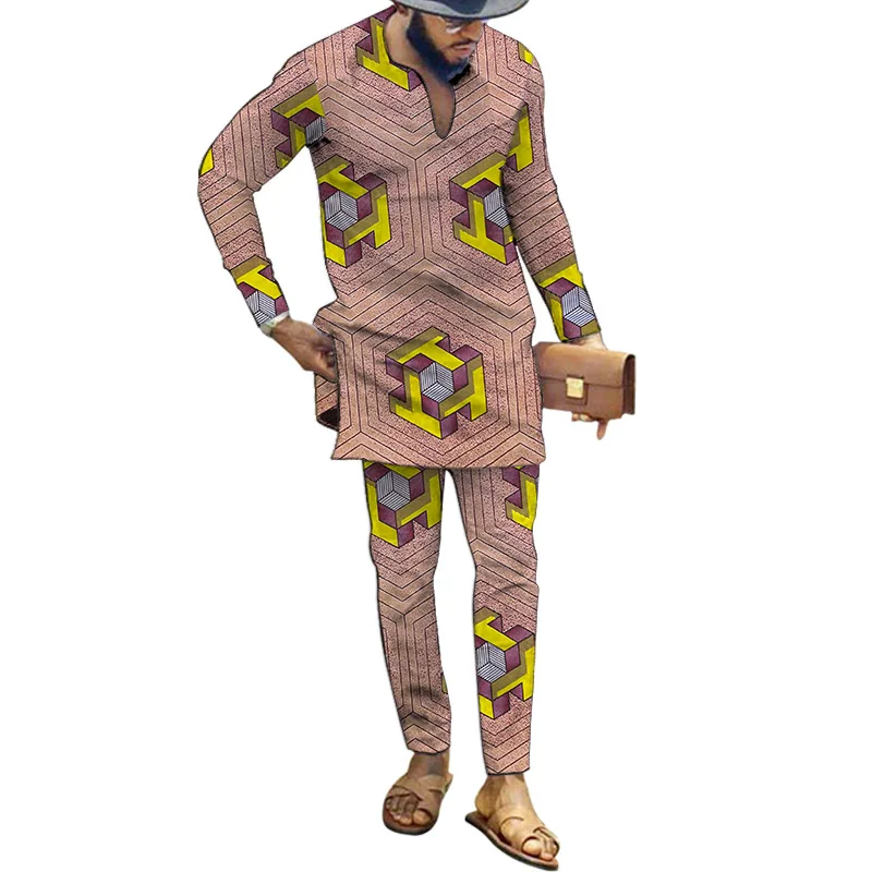 Фото Creative African Print Men's Pant Suit Traditional Style Long Sleeve V Neck Tops+Trousers Male Shirt Sets Wedding Costume |