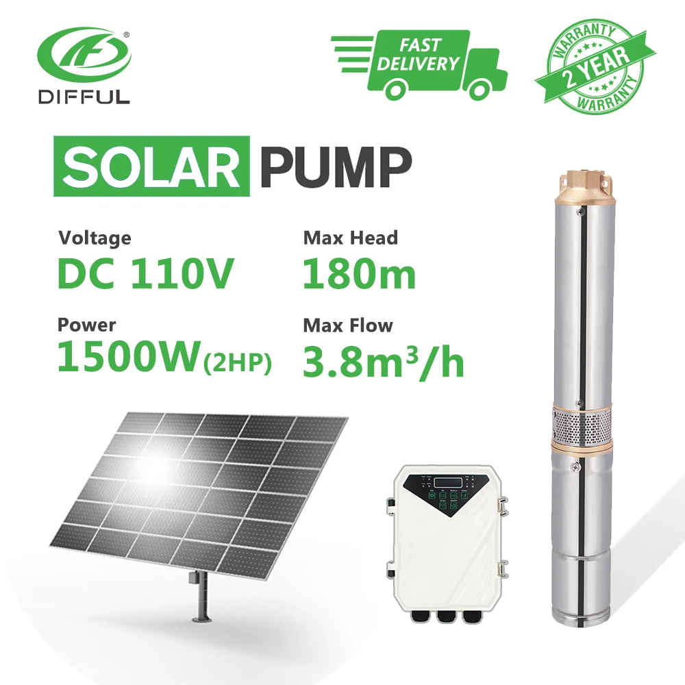 

3" DC Submersible Solar Water Pump 110V 2HP Stainless Steel MPPT Controller Plastic Impeller (Head 180m, Flow 3.8T/H)