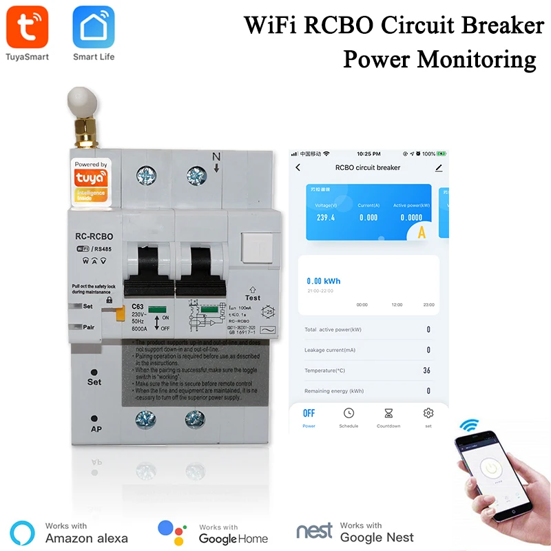 Автоматический выключатель Tuya Smart Life APP RCBO с мониторингом мощности 2P Wi Fi MCB защита