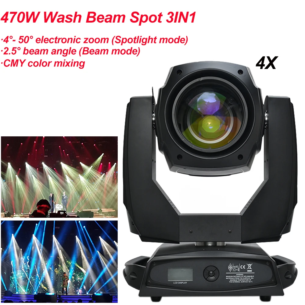 

4Pcs/Lot 20R 470W Beam Spot Wash 3IN1 Moving Head Lights CMY Color Mixing Zoom DJ KTV Party Bar Show Light LED Stage Machine