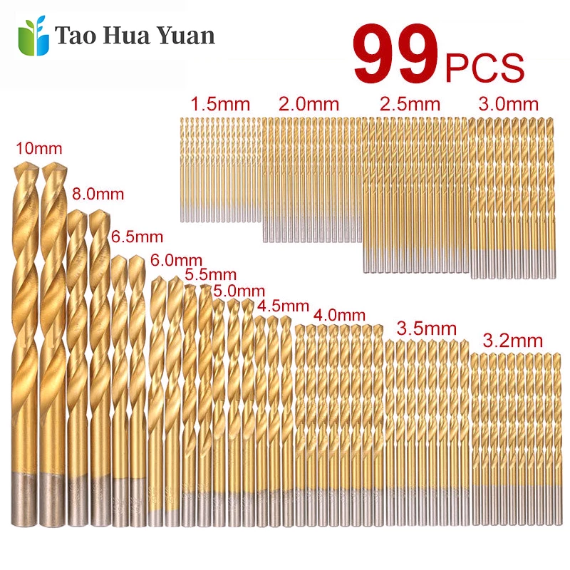 99pcs/set HSS Titanium Coated Drill Bit Set 1.5-10.0mm High Speed Steel Twist Drill Bit For Woodworking Power Tool Accessories A
99pcs/set HSS Titanium Coated Drill Bit Set 1.5-10.0mm High Speed Steel Twist Drill Bit For Woodworking Power Tool Accessories A