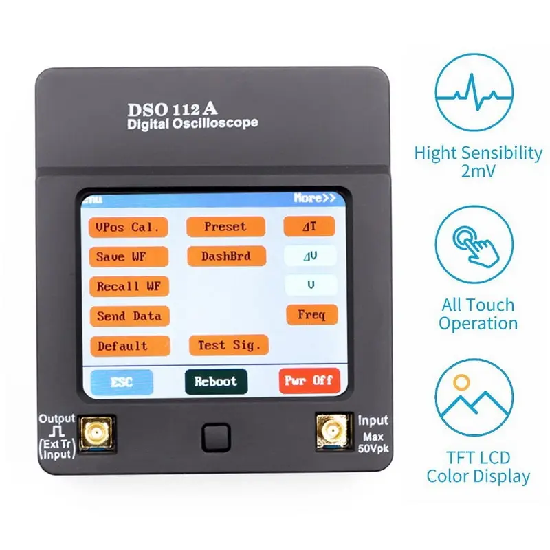 Portable USB Oscilloscope Interface 2MHz 5Msps Portable DSO112A TFT Mini Digital Oscilloscope Touch Contact Screen.
Portable USB Oscilloscope Interface 2MHz 5Msps Portable DSO112A TFT Mini Digital Oscilloscope Touch Contact Screen.
