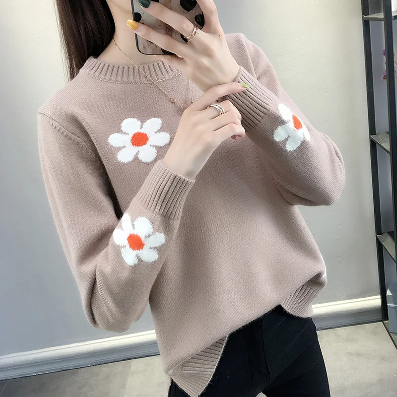 Корейские женские свитера и пуловеры с цветочным принтом, новинка 2021, Осень-зима, Повседневная Свободная трикотажная куртка с круглым вырез... 
Корейские женские свитера и пуловеры с цветочным принтом, новинка 2021, Осень-зима, Повседневная Свободная трикотажная куртка с круглым вырез...