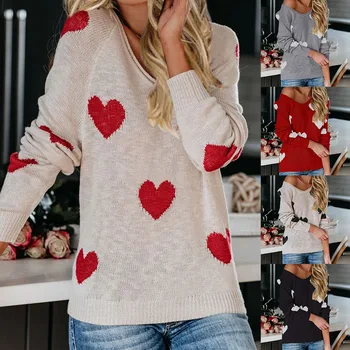 Women Sexy Sweet Sweater Autumn Winter V Neck Long Sleeve Off Shoulder Loose Heart Pattern Pullover Sweater Jumper Pull Femme 
Women Sexy Sweet Sweater Autumn Winter V Neck Long Sleeve Off Shoulder Loose Heart Pattern Pullover Sweater Jumper Pull Femme