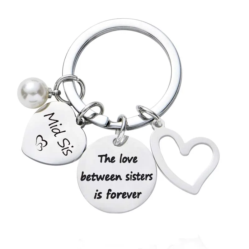 

12PCs The Love Between Sisters Is Forever Keychains Mid Sis Keyrings Love Heart Pearl Pendant Key Rings Friendship Jewelry Gifts