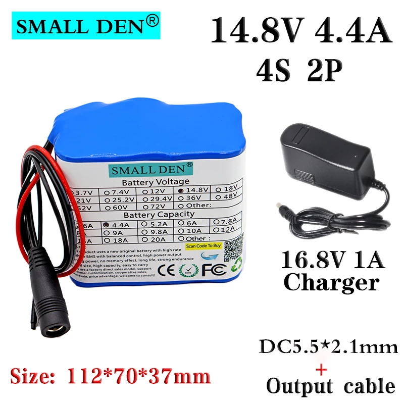 14.8V 4.4Ah 18650 lithium ion battery pack DC4S2P 4400mA built-in 10A BMS night fishing lamp speaker battery + 16.8V 1A charger
14.8V 4.4Ah 18650 lithium ion battery pack DC4S2P 4400mA built-in 10A BMS night fishing lamp speaker battery + 16.8V 1A charger