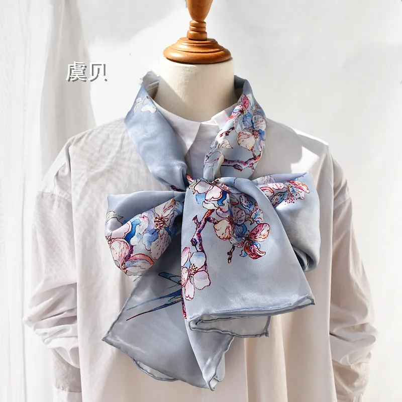 Китайский классический серебристый шарф из натурального шелка с принтом женский
