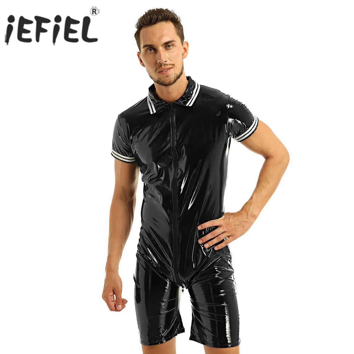 

iEFiEL Mens Latex Wetlook Sexy Lingerie Clubwear Patent Leather Front Zipper Boxer Shorts Leotard Bodysuit Costumes Bodystocking