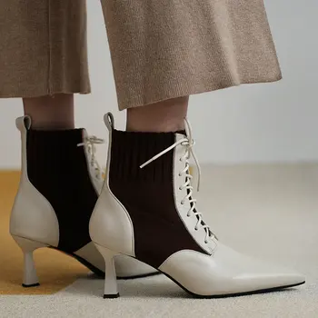 Women Genuine Leather Stiletto Heels Ankle Boots Pointed Toe Lace-up Spring Fall Fashion Patchwork Party Black Brown Booties
Women Genuine Leather Stiletto Heels Ankle Boots Pointed Toe Lace-up Spring Fall Fashion Patchwork Party Black Brown Booties